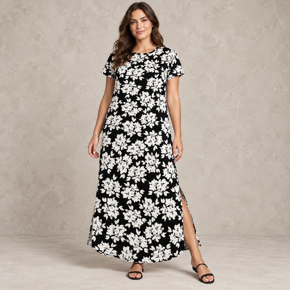 Madewell Dress WMNS 12 Black White Floral Maxi T-Shirt Satin Romantic Minimalist